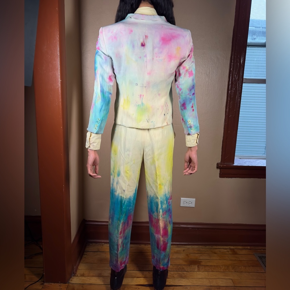 Party Dyed Suit Vintage Painted Blazer Rainbow Boho Jacket Funky Y2K Pants Chic - Picture 10 of 16